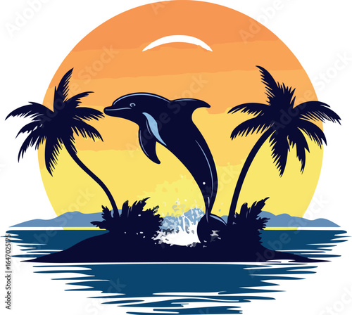 Dolphin Jumping Out of Water at Sunset with Palm Trees
