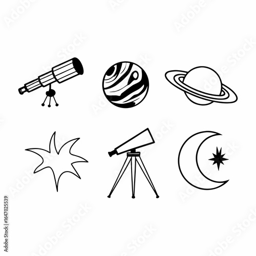 Illustration of telescope, planets, stars, and moon isolated on white background