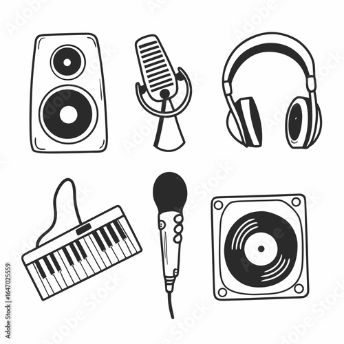 Music equipment doodle set, including speaker, microphone, headphone, keyboard and vinyl isolated on white background