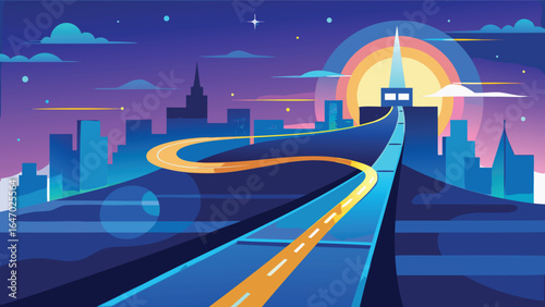 Illustration of a winding road leading to a futuristic city at night with a bright sun behind it