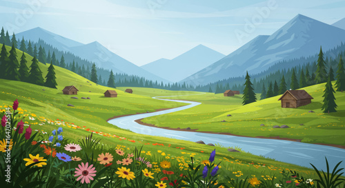 Idyllic Mountain Valley with Winding River and Cabins