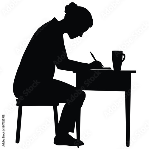 Person writing at desk with mug silhouette