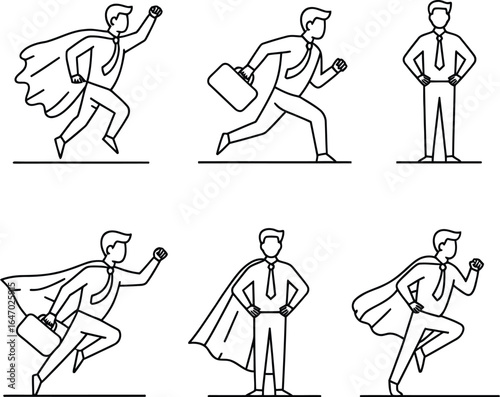 Businessmen in superhero poses with capes and briefcases