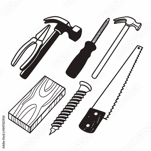 Illustration of carpentry tools including hammer, saw, screwdriver, pliers isolated on white background