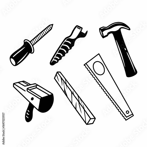 Illustration of carpentry tools including hammer, saw, screwdriver, clamp isolated on white background