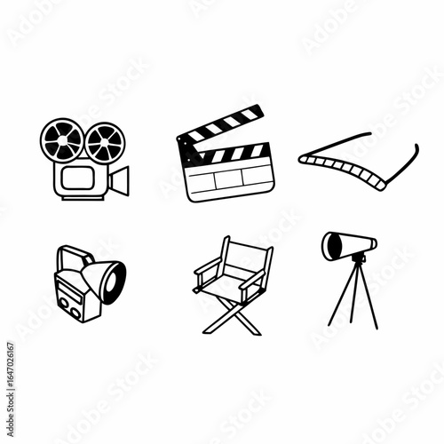 Illustration of movie making equipment isolated on white background in black and white style