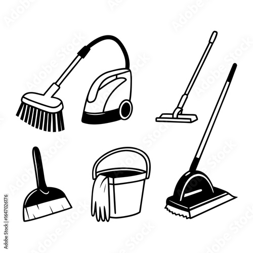 Illustration of cleaning equipment such as vacuum cleaner, broom, bucket, brush isolated on white background
