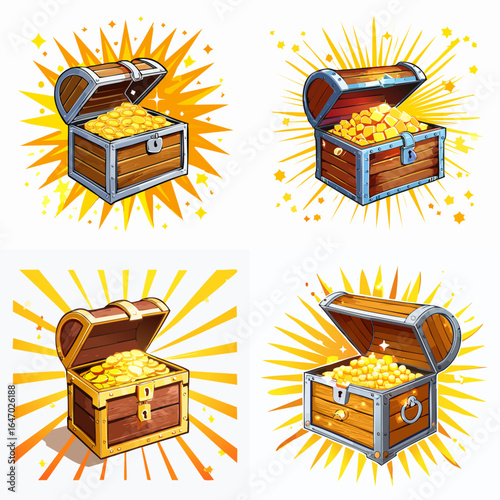 Discover cartoon treasure chests bursting with gold coins!