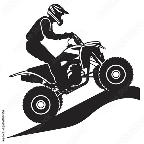 Rider on quad bike ascending dirt ramp helmet action