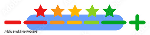 Rating scale with five stars and plus and minus signs vector illustration for survey feedback isolated on white 