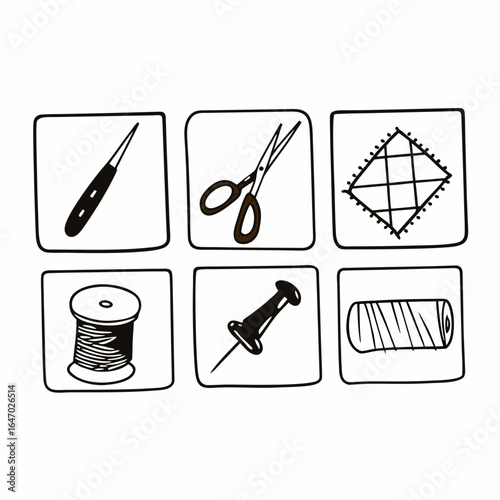 Sewing and tailoring tools such as needle, scissor, patch, spool, pin, thread isolated on white background