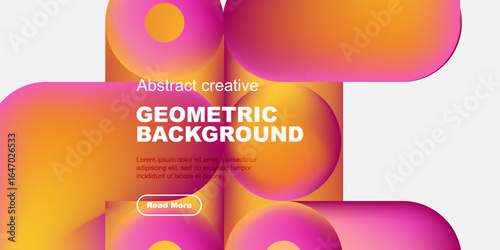 Vibrant geometric shapes overlap, creating dynamic colorful background. Text promotes further exploration.