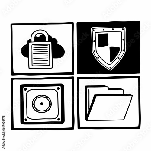 Hand drawn icons of cloud security, shield, disk and folder isolated on white background