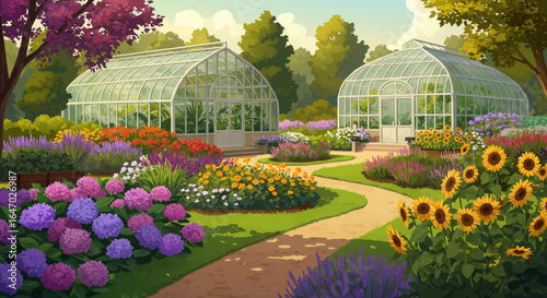 Lush Greenhouse Garden with Blooming Flowers