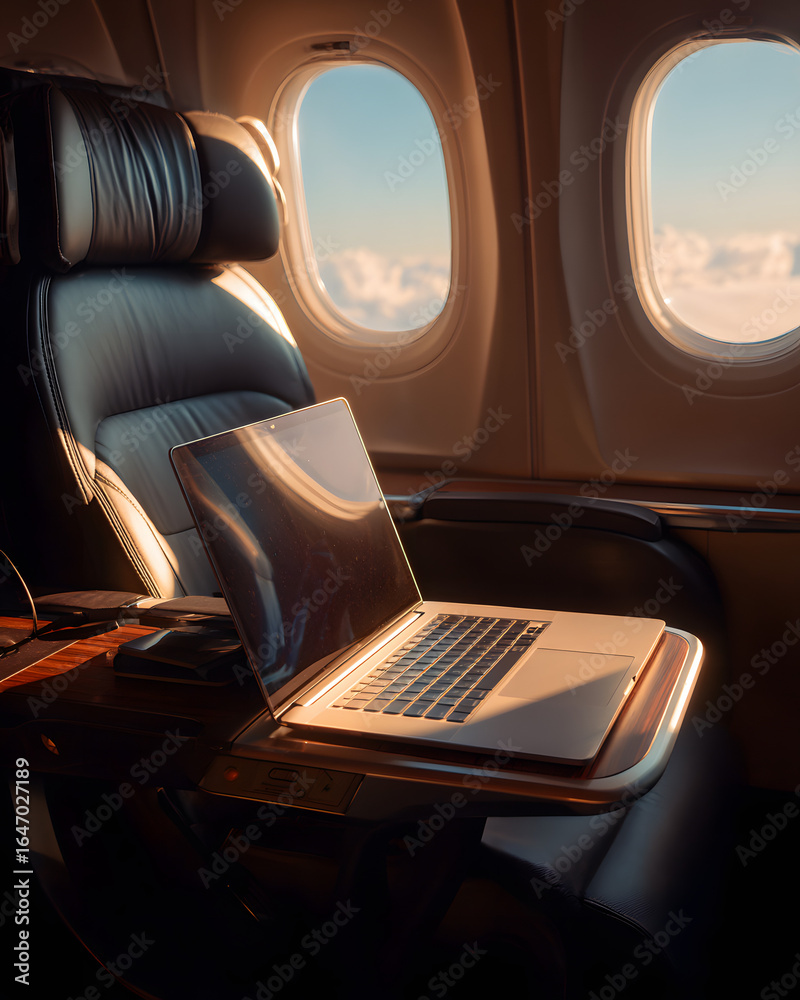 Obraz premium Business Class Seat with Laptop and Cloudy Sky View from Window