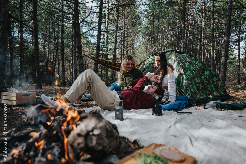 Fototapeta premium Friends enjoying a campfire and nature with a tent in a forest setting