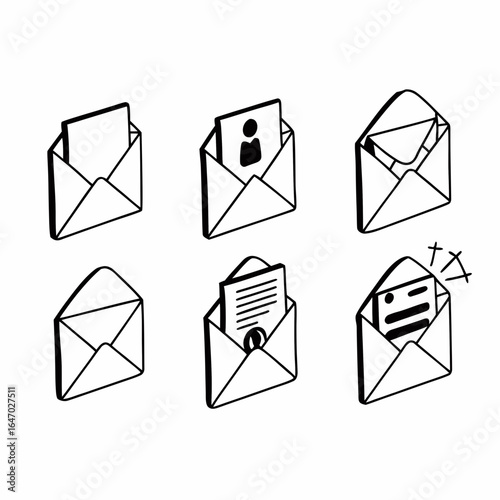 Set of hand drawn mail envelopes isolated on white background for web design elements