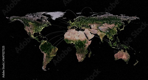 World Map with Connections Night View Global Network.