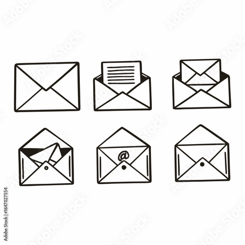 Illustration of various mail icons, including open and closed envelopes isolated on white background