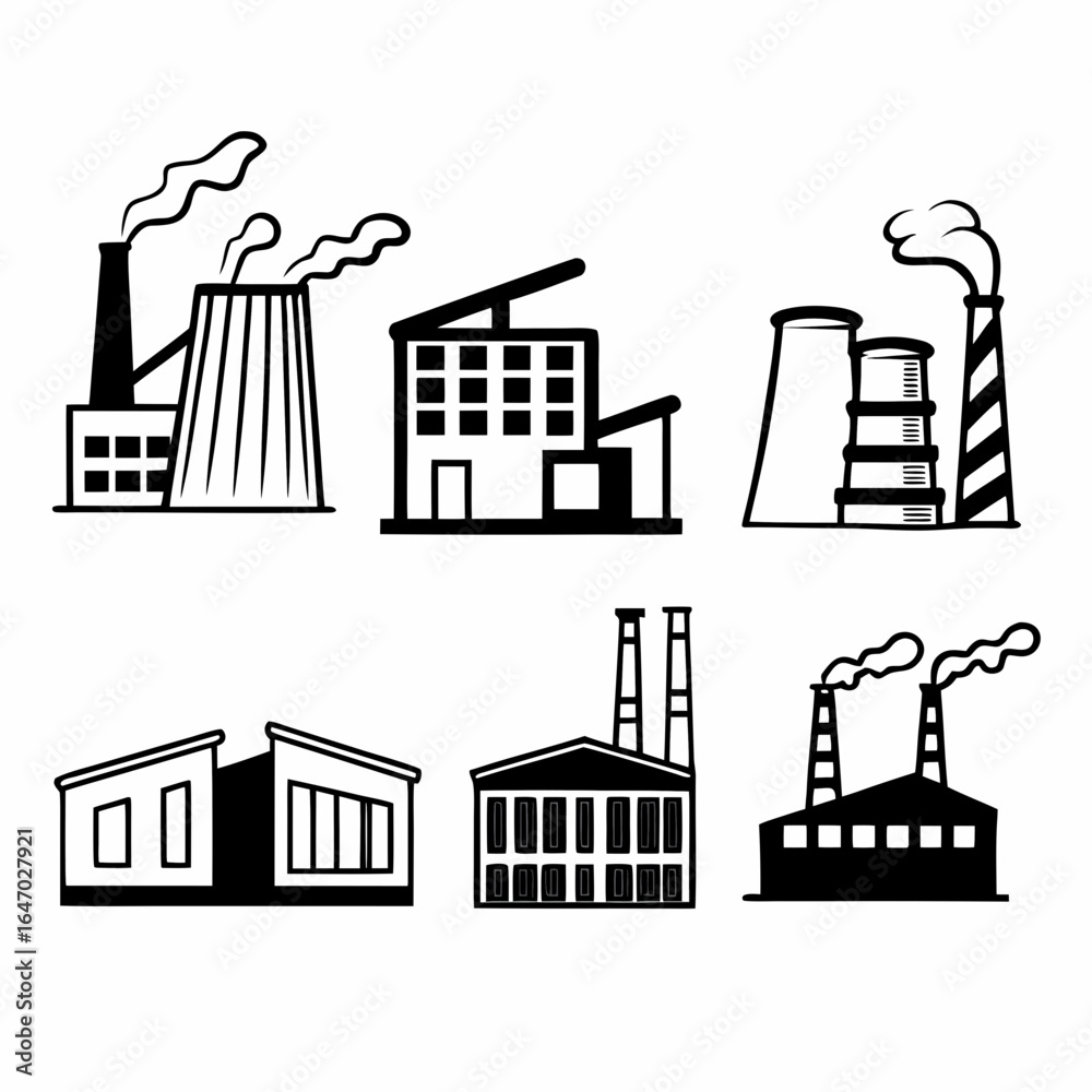 Obraz premium Collection of industrial factory and power plant icons with smoke stacks and chimneys