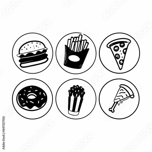 Fast food icons in black and white circles isolated on white background