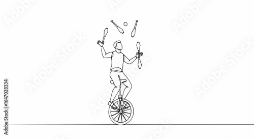A skilled individual juggles while balancing on a unicycle.