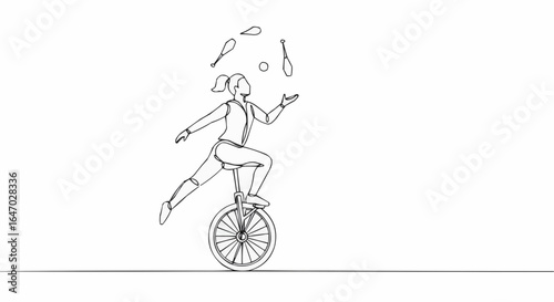 A Unicyclist balancing and juggling several objects.