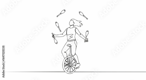 A performer juggling while riding a unicycle. A thrilling and daring act.