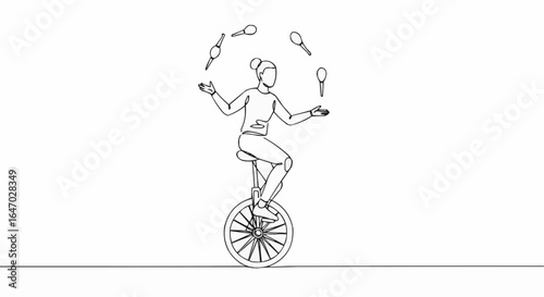 A skilled juggler performing on a unicycle in a single-line drawing.
