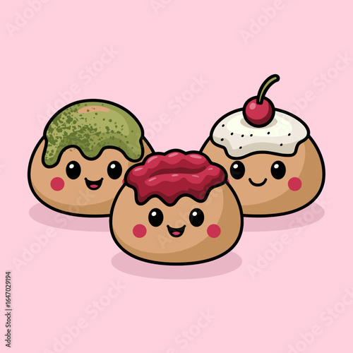 Colorful mochi dessert trio with cute cheeks – Great for bakery branding, Asian snack promotions, or kawaii food art