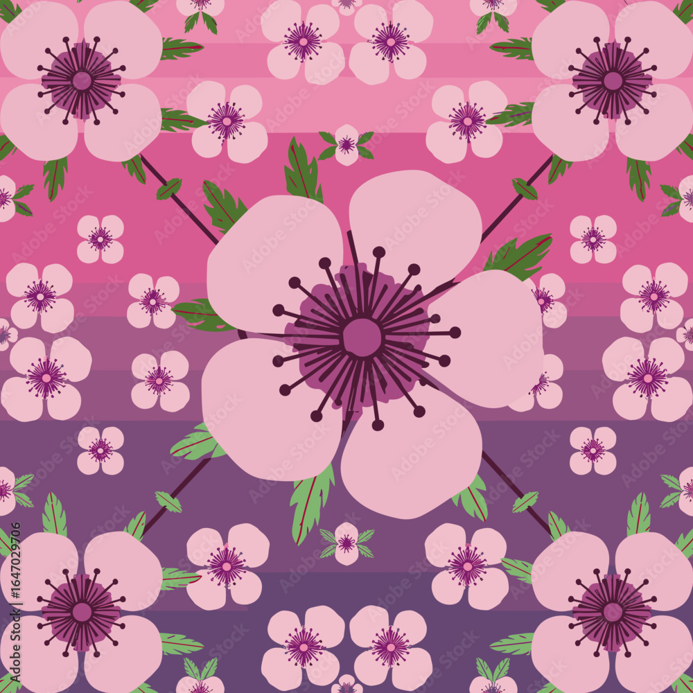 Fototapeta premium Superflat cherry blossom pattern with pink and purple gradient background