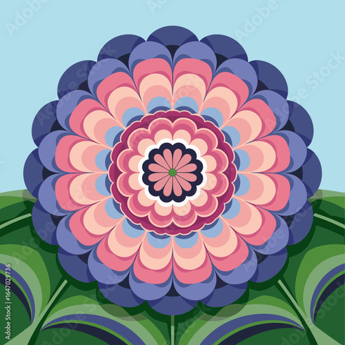 Superflat-style layered flower mandala with leaves and light blue background