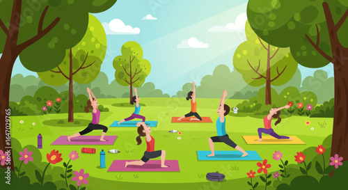 People Practicing Yoga Outdoors in a Park