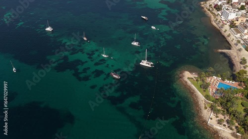 Sailboats anchored in turquoise waters of Ibiza