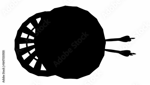 Silhouette of a dark blob with radiating lines and two arms pointing outwards on a white background