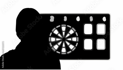 Silhouette of a person standing beside a dartboard with a circular target and rectangular boxes on it