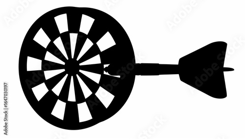 Dart hitting a dartboard with radial pattern in black and white silhouette illustration style image