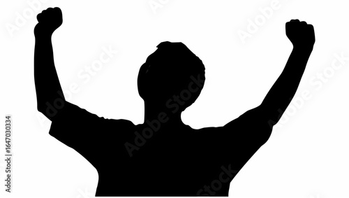 Silhouette of a person with arms raised in the air against a white background in a celebratory gesture