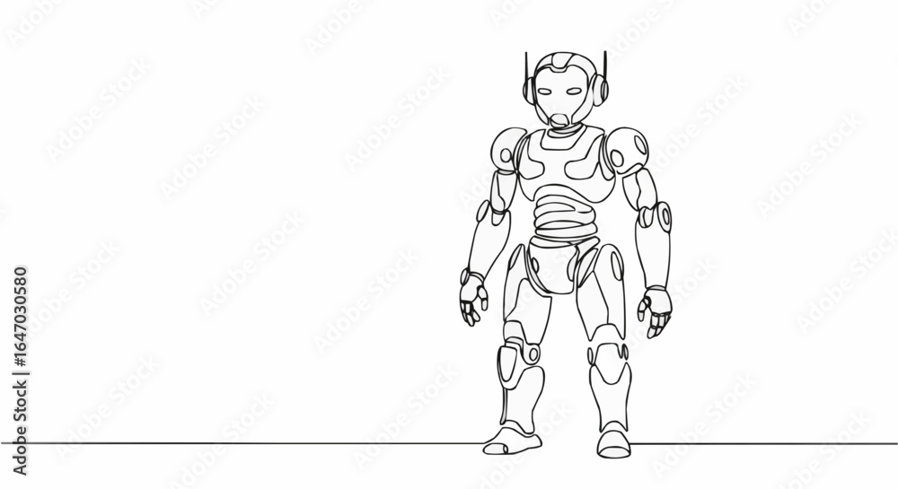 Fototapeta premium A futuristic robot standing on a platform with a blank canvas backdrop.