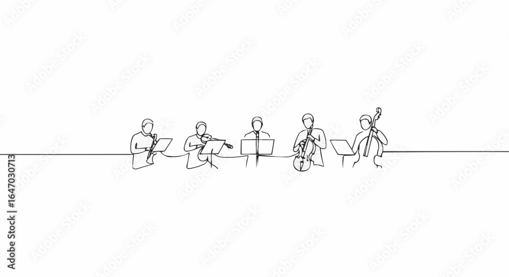 An orchestra performing with line art illustration style.
