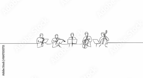 An orchestra performing with line art illustration style.