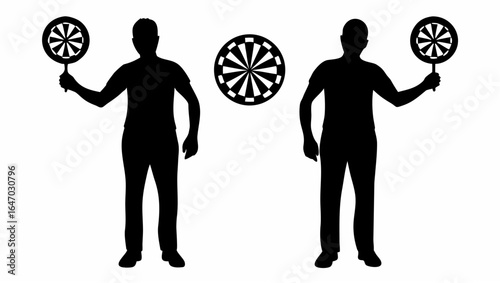 Two silhouettes of people holding dartboards with a dartboard in the middle on a white background