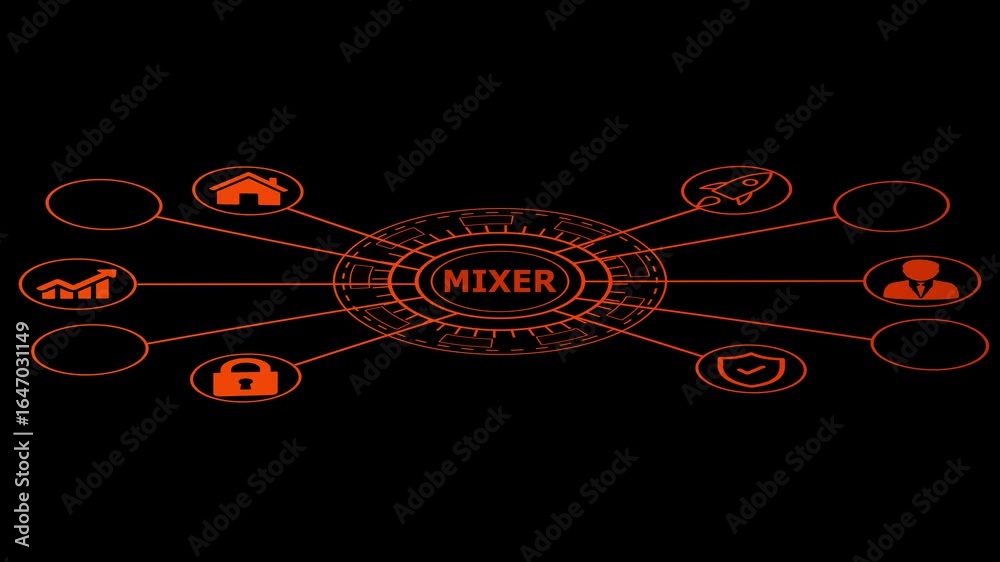 Futuristic Mixer Concept with Business Icons Orange Tech Interface on Black Background Digital Innovation Technology Startup Concept Data Visualization Abstract Design for Presentation Infographic