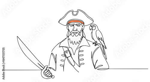A line art depiction of a pirate holding a sword with his parrot friend. 