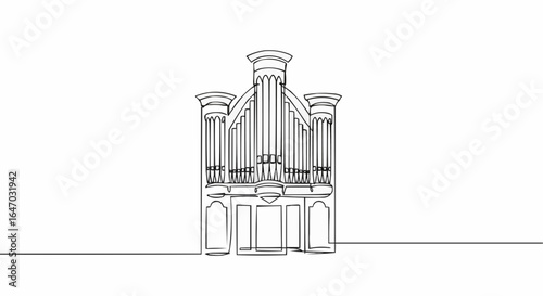 Elegant outline of an pipe organ with meticulous architectural detailing. 