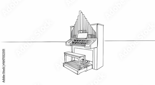 A detailed line drawing of a classic organ in a performance hall.