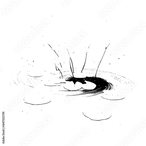 Abstract monochrome illustration of feet standing in water with ripples and splashes around them in black and white