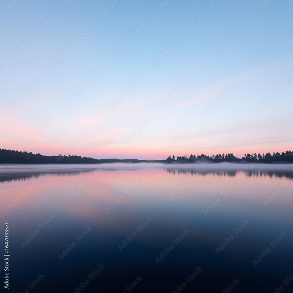 Fototapeta premium Misty Dawn Lake with Soft Reflections and Pine Shoreline