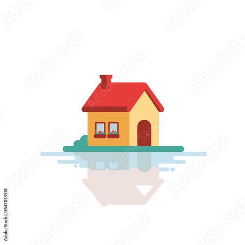 Simple Cartoon House with Red Roof and Reflection