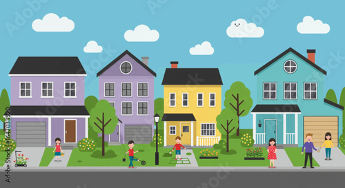 Suburban Neighborhood Scene with Families and Houses